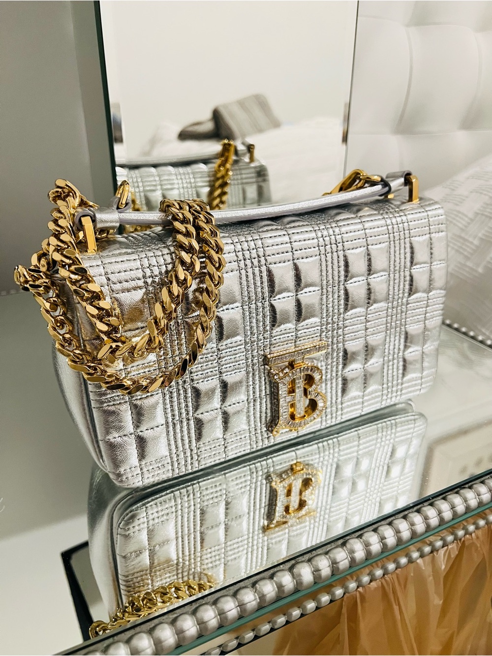 BURBERRY Lola Chain Shoulder Bag in Silver with Gold Hardware. Rare and Stunning